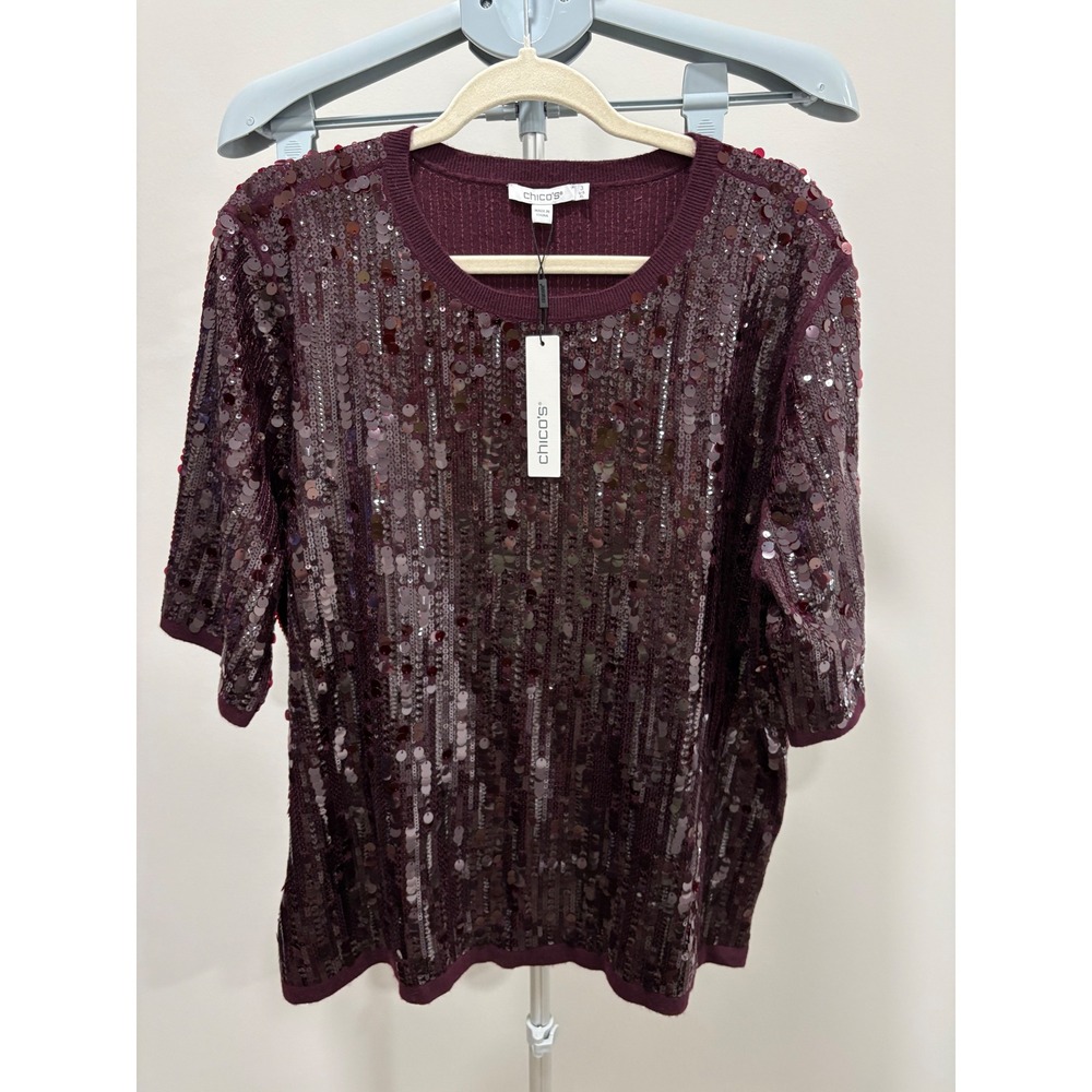 NWT Chico's Pullover Sweater Deep Raisin Purple Sequin Metal Multi Paillette 3